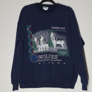 Vintage 90s Wolves Alaska Sweatshirt XL USA Wildlife Graphic Trading Post Crew